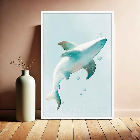 Shark illustration poster in a clean white frame with calming blue tones, offering a fresh and nautical look for any room.