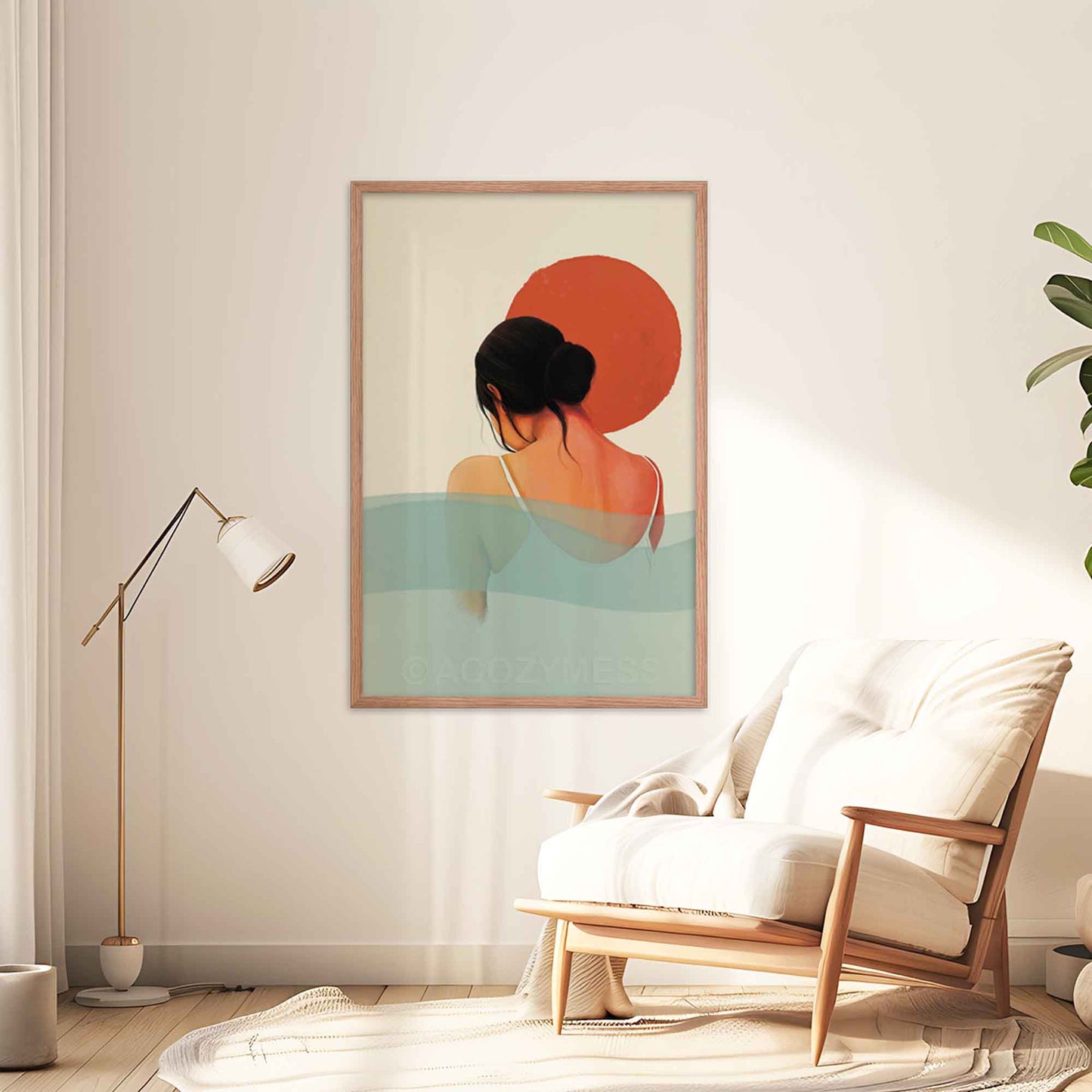 Nature inspired Calming wall art of sun and water featuring a woman in orange, white, pink and blue colors, displayed in oakwood frame on a little room wall