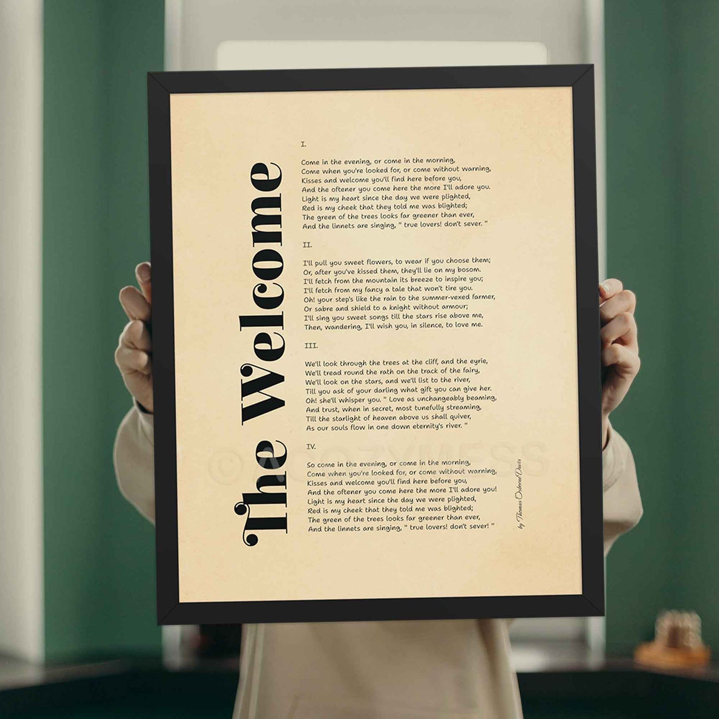 the welcome poem by thomas osborne davis, simple minimalist style, framed in black