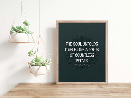 Soul spiritual quote by kahlil Gibran on green poster in wood frame