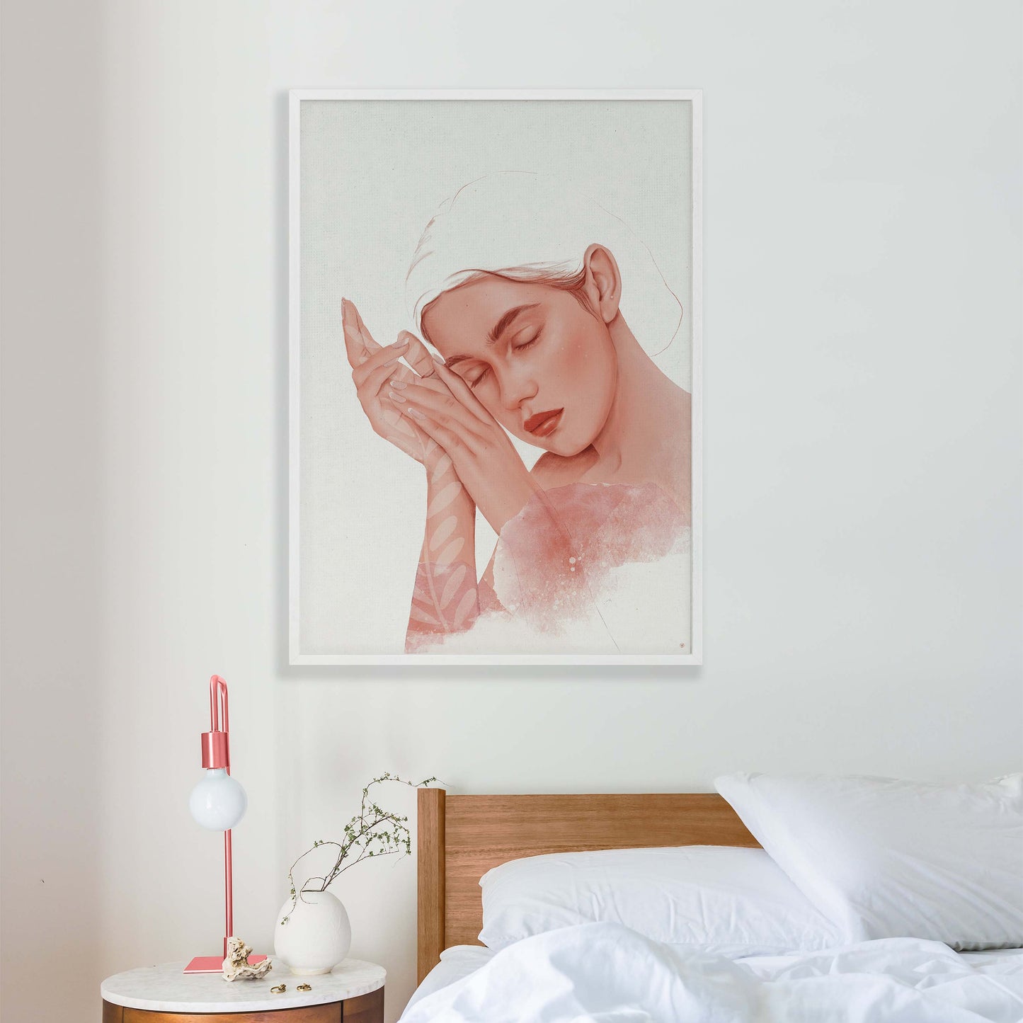female portrait in rose gold & shades of pink colors art poster displayed in white frame in bedroom