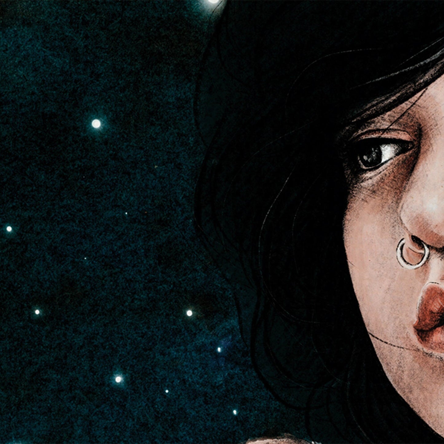 Zoomed image of Night sky & a girl dreaming awake in dark blue and peach colors poster