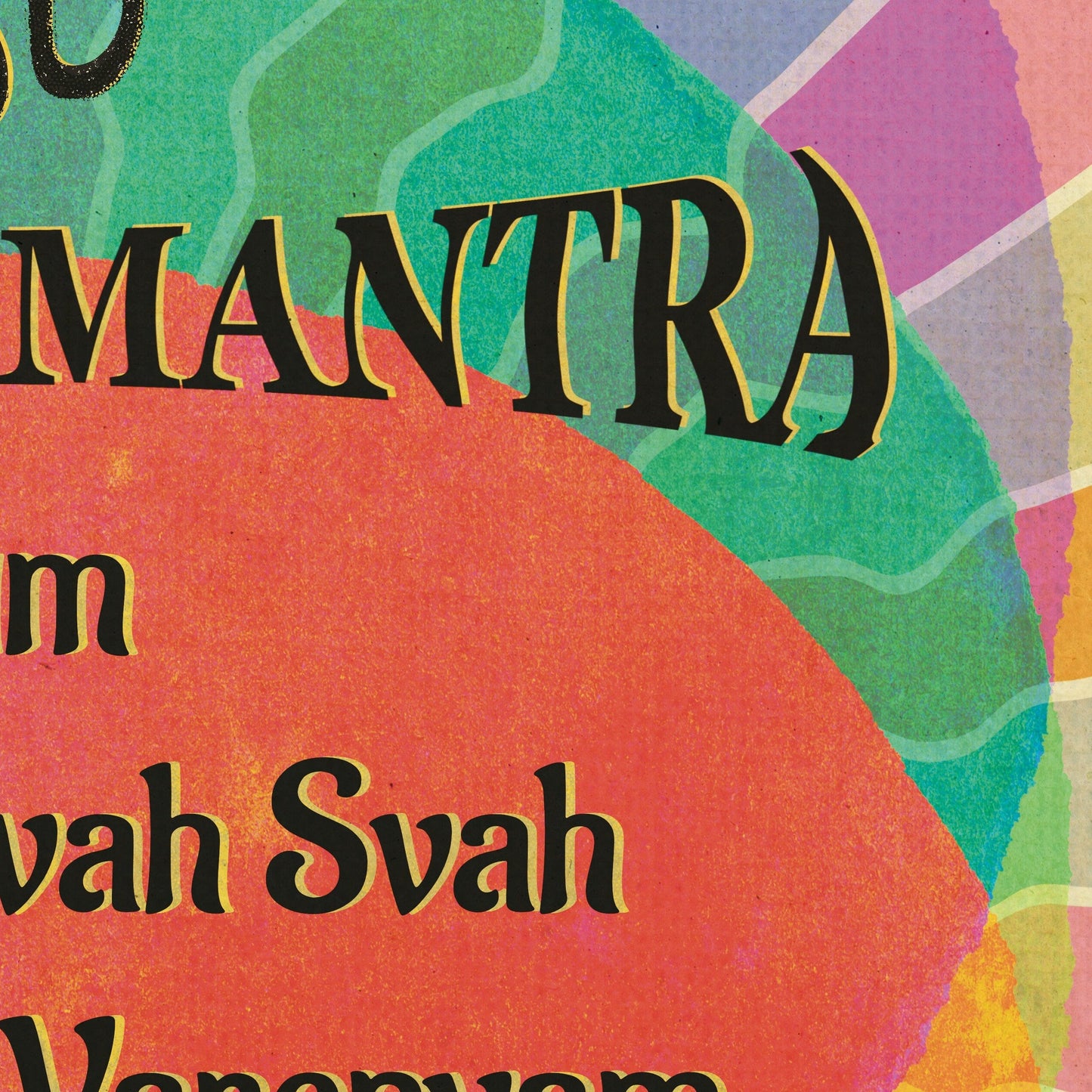 Closeup image of Gayatri Mantra with meaning in english on colorful spiral design poster