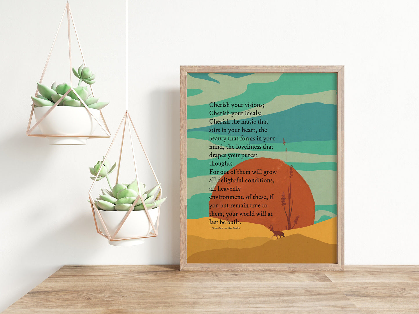 Cherish your vision by james allen from As a Man Thinketh with a colorful scenic illustration in orange, blue, yellow & black in wood frame mockup
