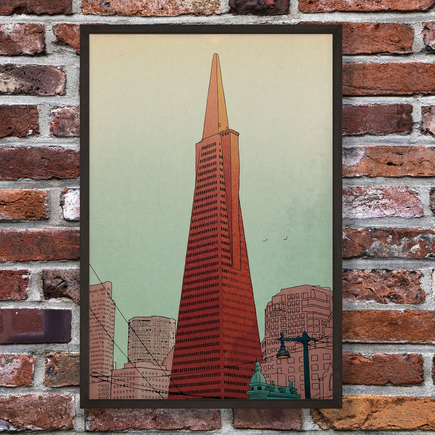 San Francisco Illustrated poster featuring Transamerica Pyramid displayed in black frame.