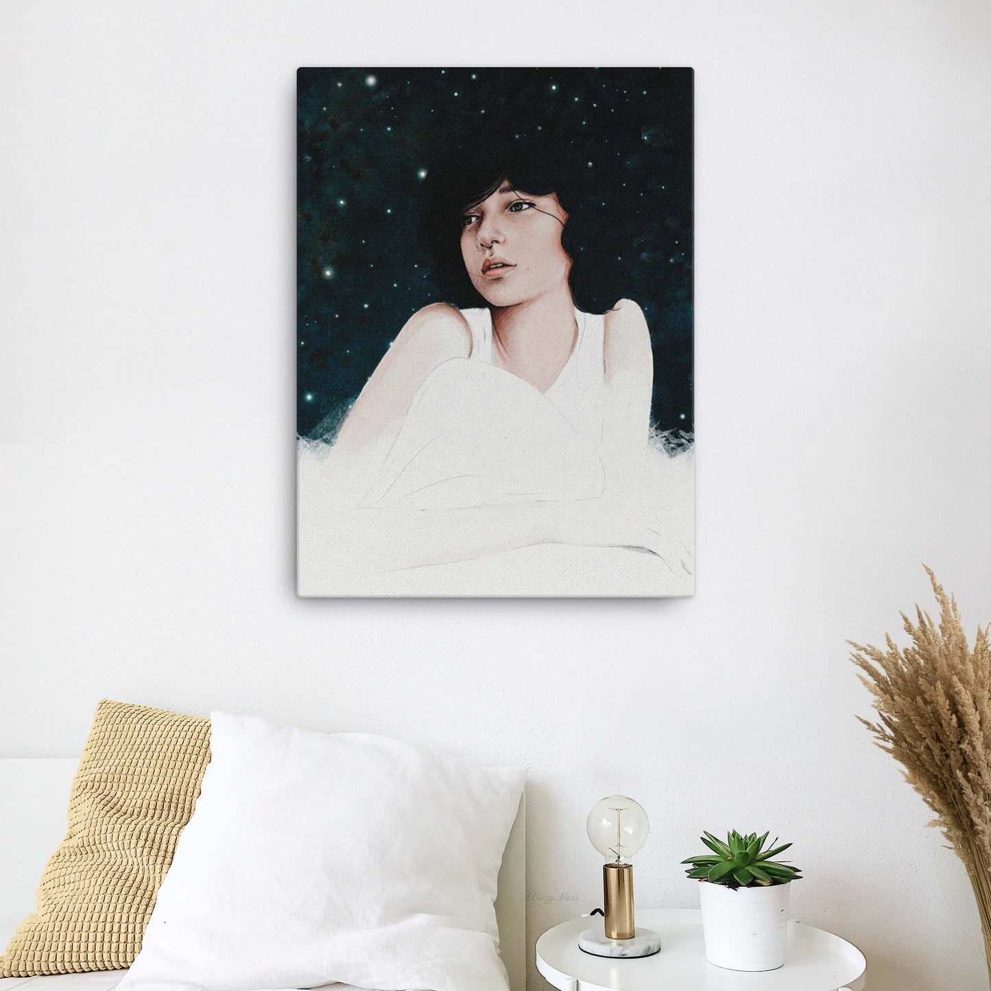 Girl Dreaming Awake at Night art print, created with a soothing blue, white, and pink palette using watercolors and iPad, perfect for adding a dreamy, tranquil vibe to your bedroom or living roomCanvas Art print