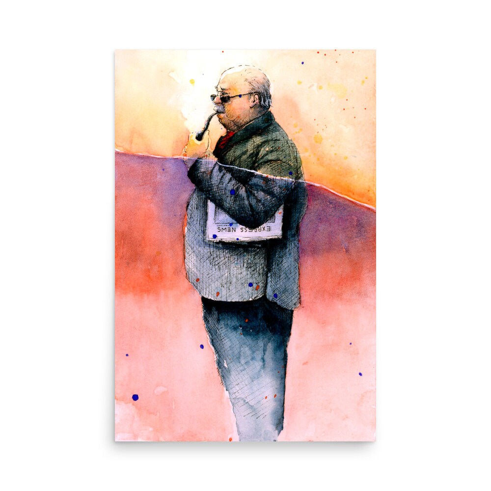 Old Man in suit with newspaper color painting Print
