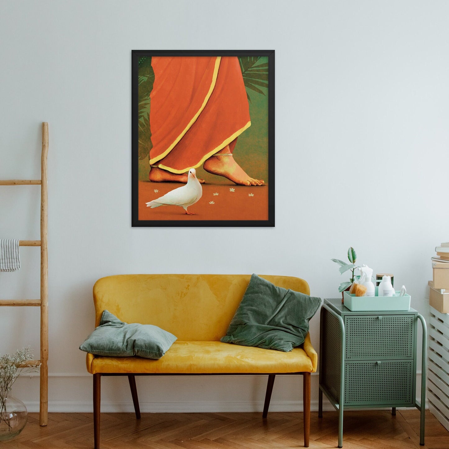 Art of a woman in red saree wearing anklets wall art in red and green colors, framed in black frame.