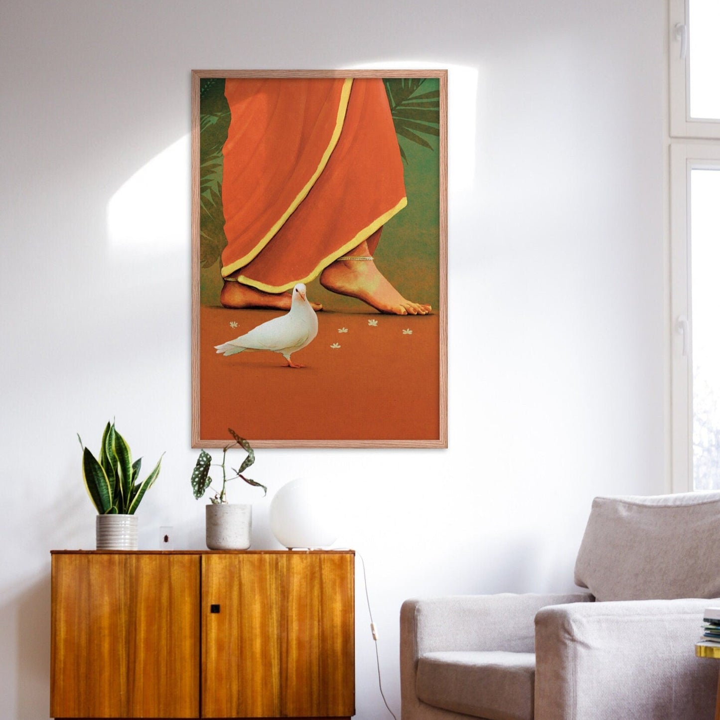 Art of an Indian woman in red saree wearing anklets wall art in red and green colors, framed in oakwood frame.