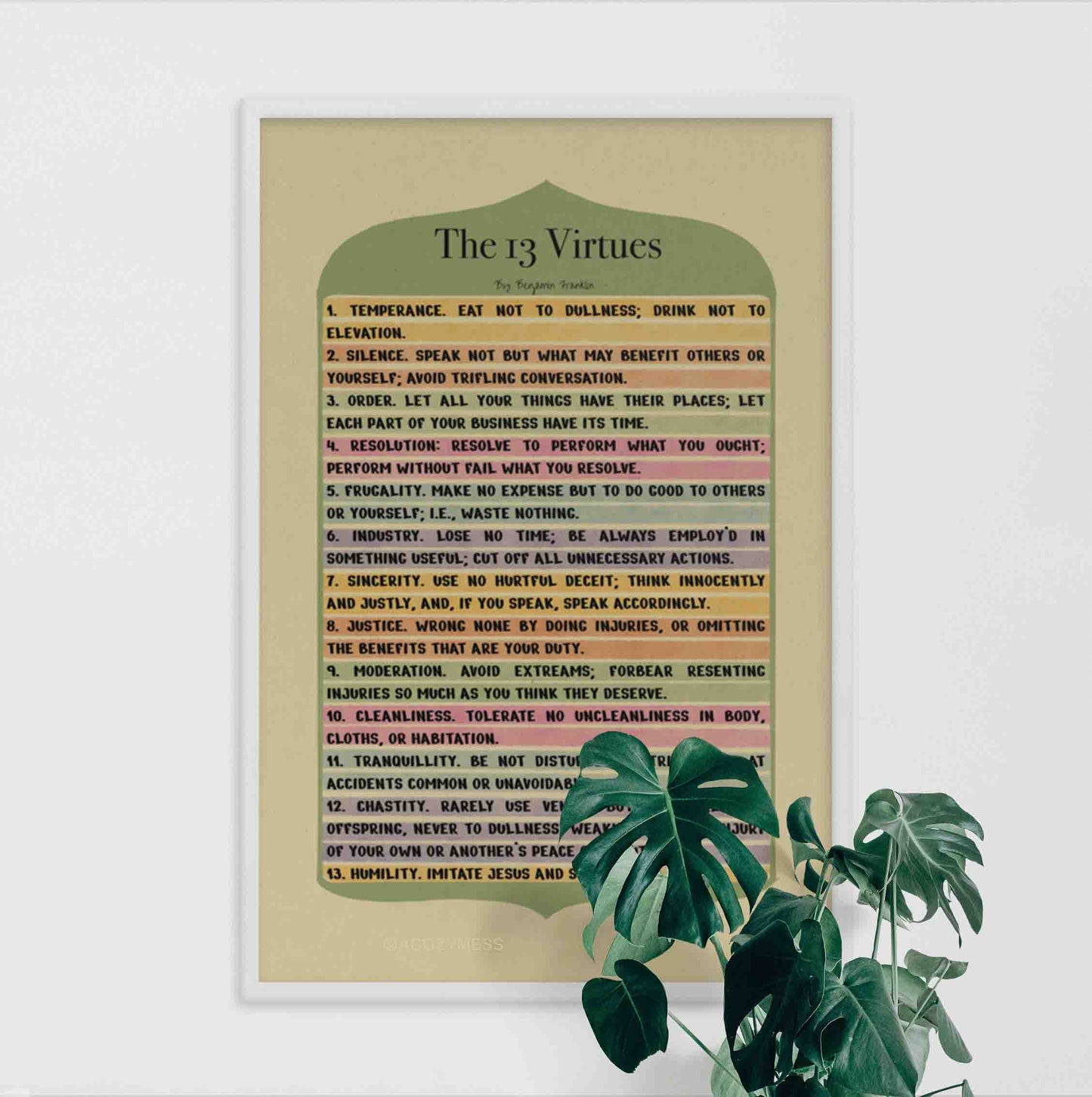 13 Virtues by Benjamin Franklin color poster in white frame