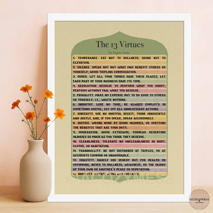 13 Virtues poster in white frame.