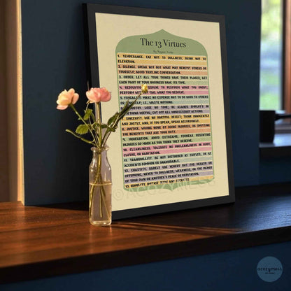 13 Virtues poster in black frame.