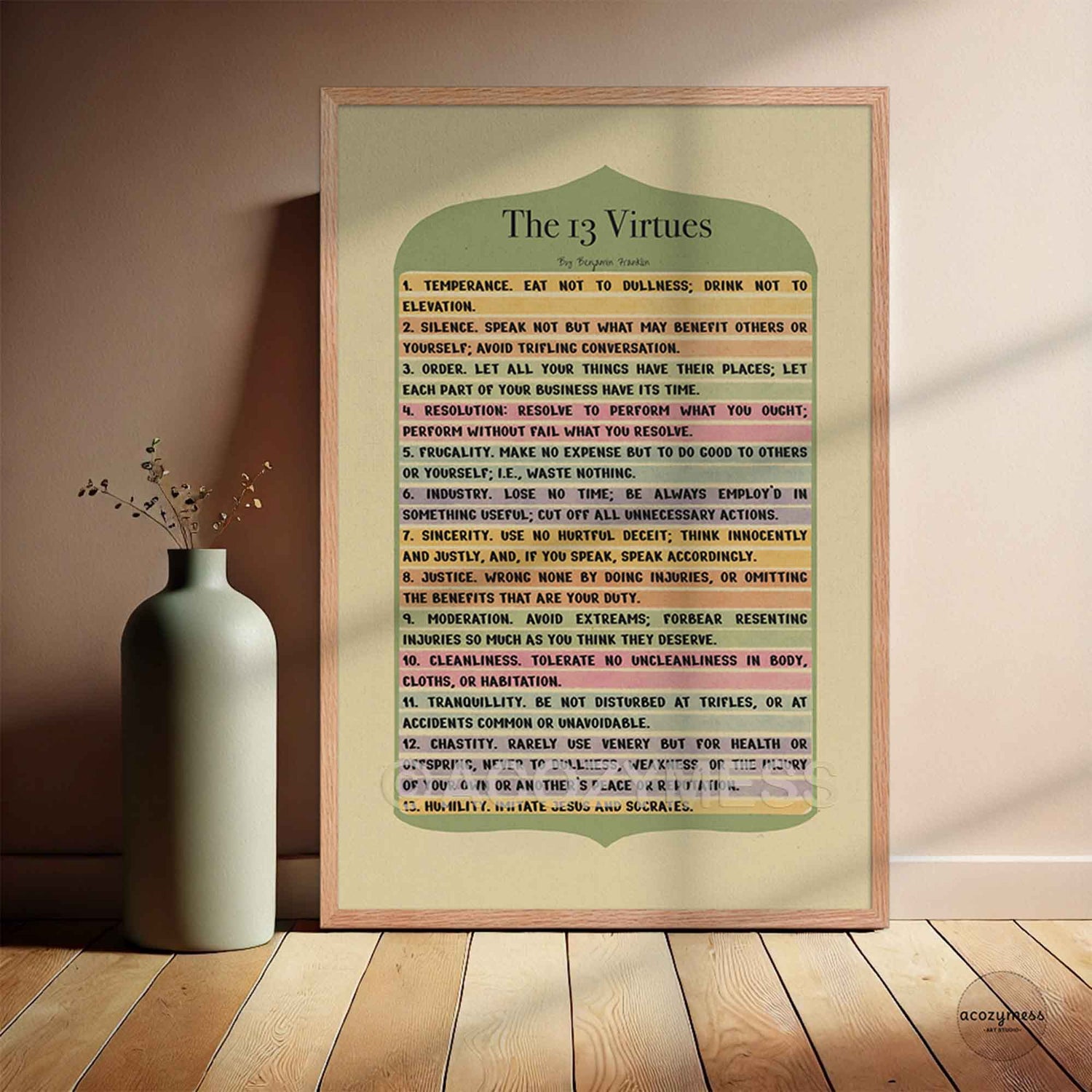 13 Virtues poster in oakwood frame.