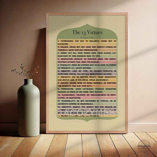 13 Virtues poster in oakwood frame.
