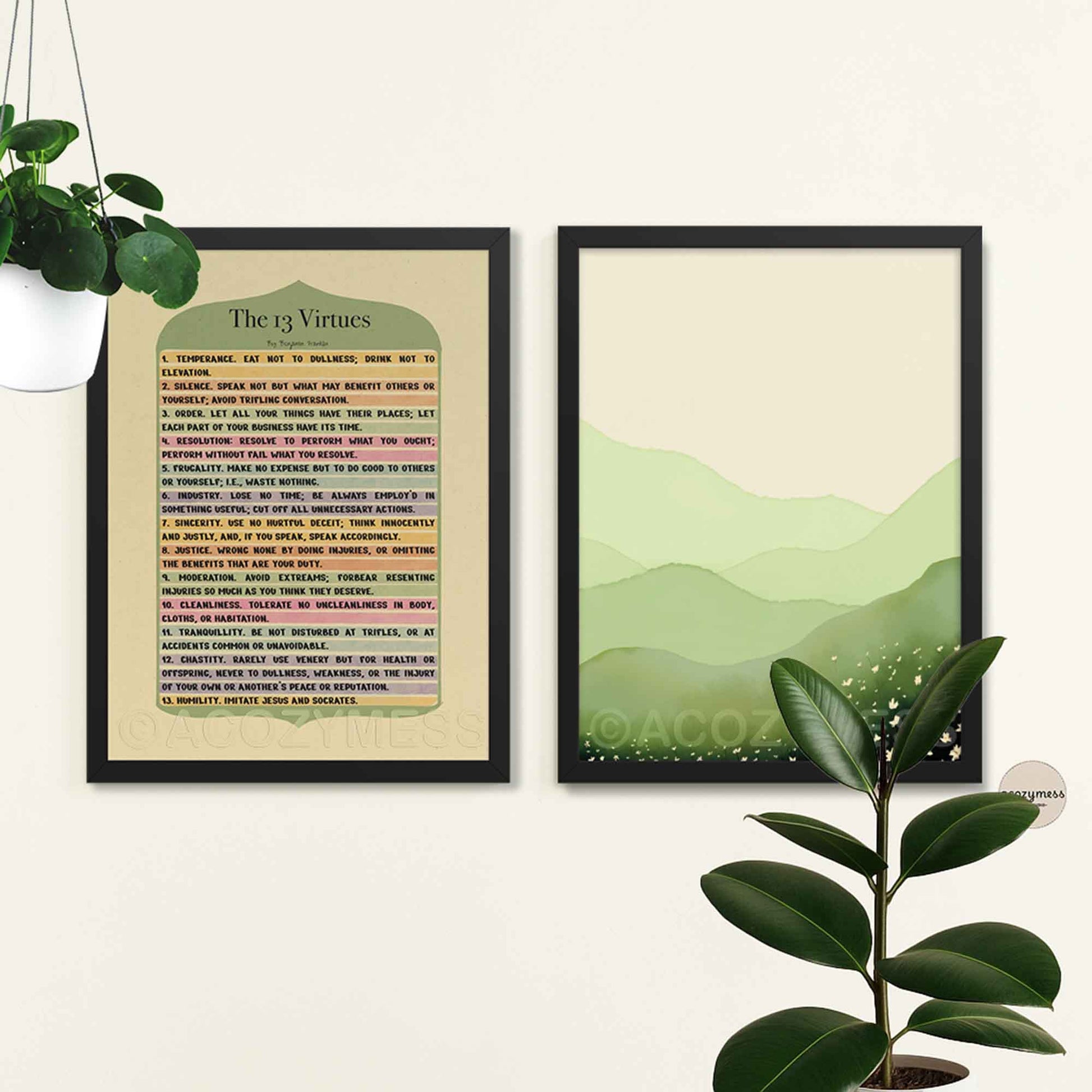 13 Virtues print in black frame.