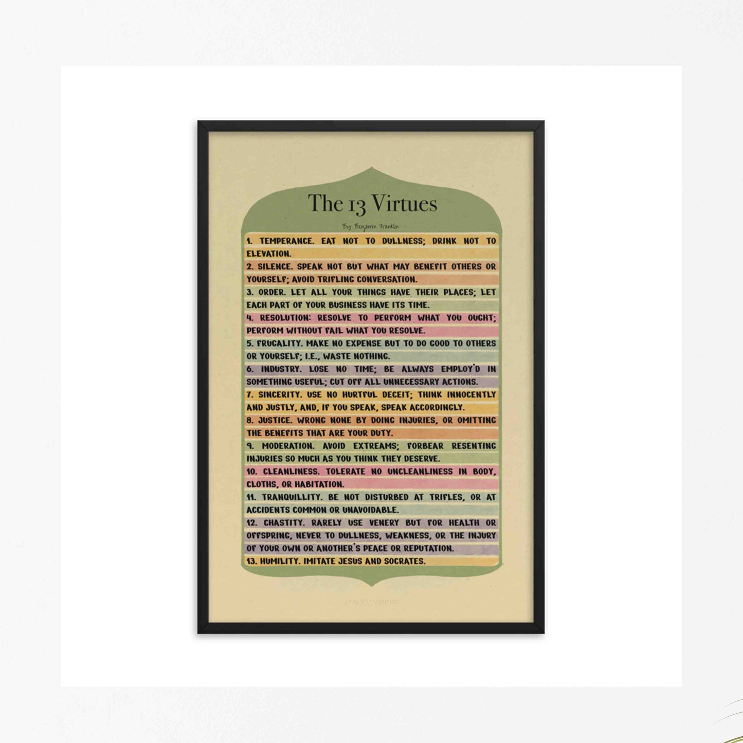 13 Virtues by Benjamin Franklin color poster in black frame
