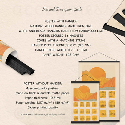 size and description details of 2025 calendar available with and without hanger