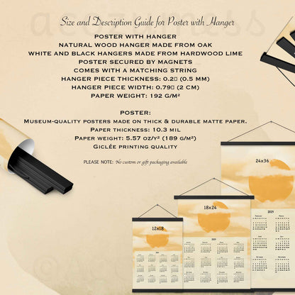 size and description details of wall calendar poster with and without hanger.