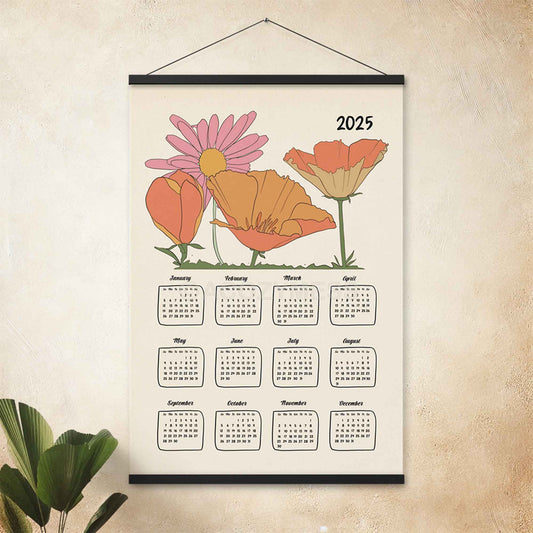 2025 yearly calendar poster with an illustrated floral design, with black  hanger.