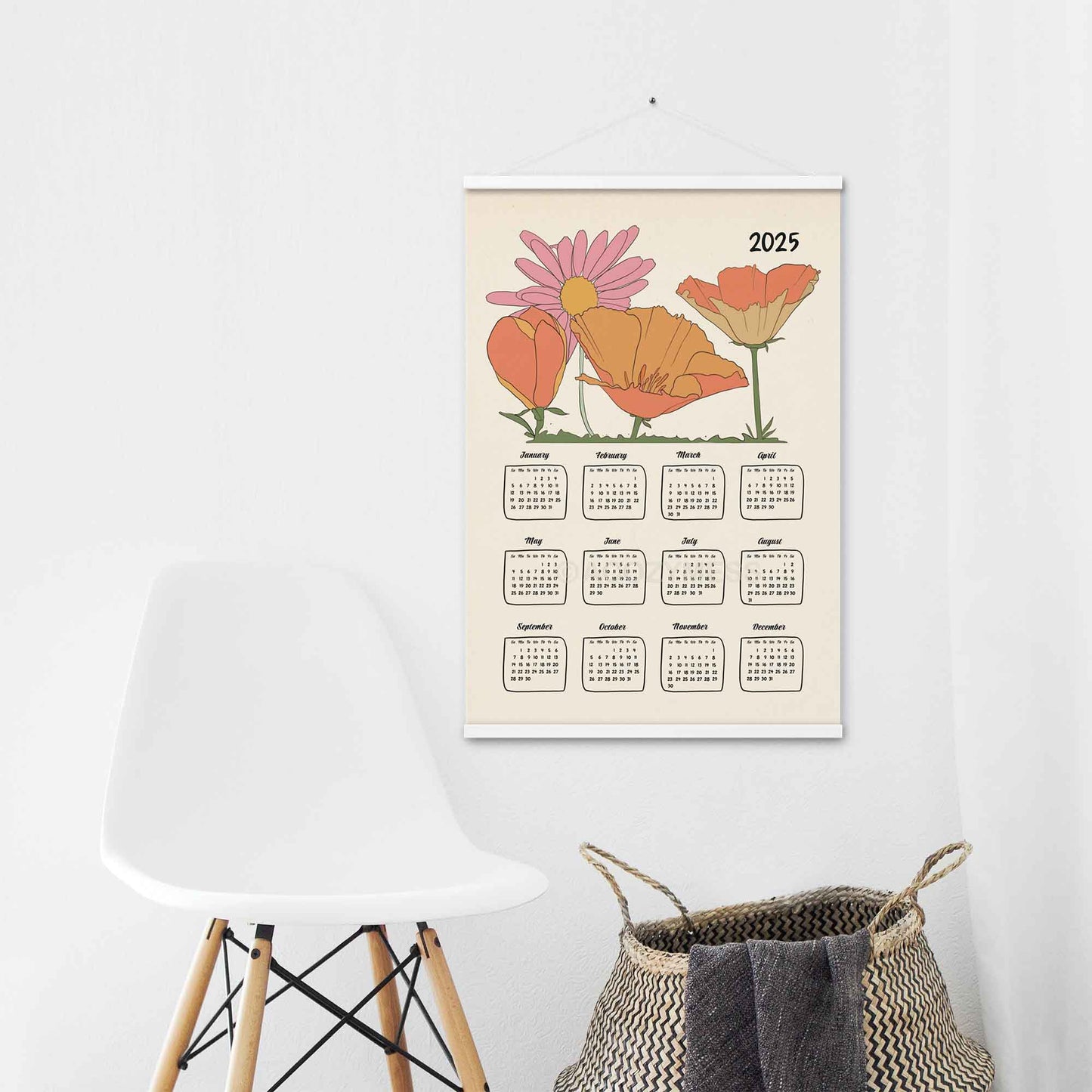 2025 yearly calendar poster with an illustrated floral design, with white  hanger.