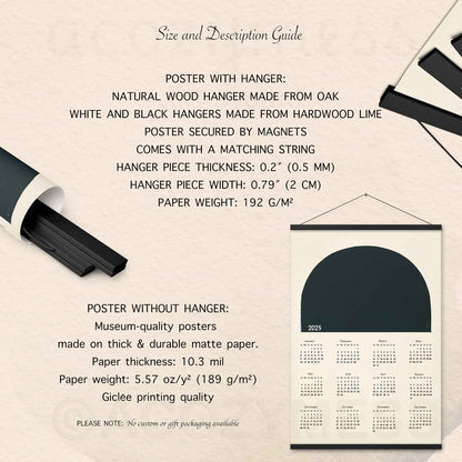 Size and description guide for 2025 calendar
