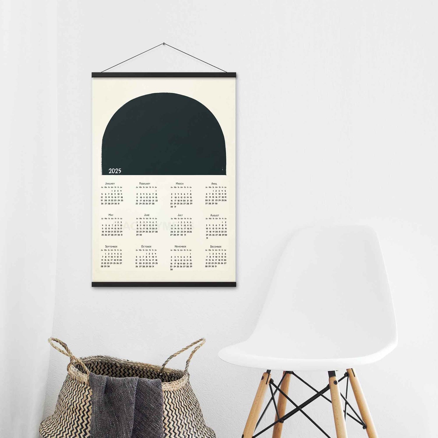 2025 yearly calendar poster in 24x36 inches with minimalist design,  with black hanger, perfect for modern home or office decor.