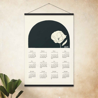 2025 calendar poster with simple black and white  floral design, with black hanger, perfect for minimalist  home or office decor.