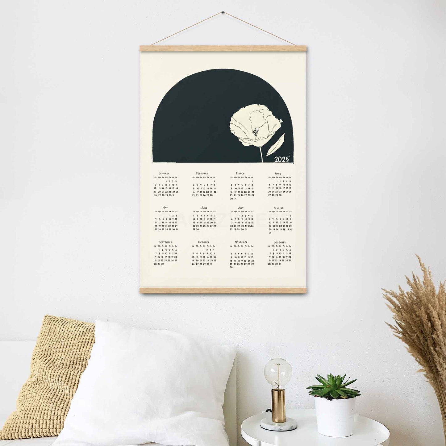 2025 yearly calendar poster with minimalist design, with oak wood  hanger, perfect for modern home.