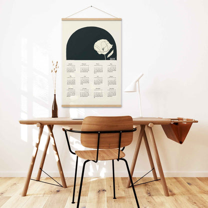 2025 yearly calendar poster with minimalist design, with oak hanger, perfect for office wall.