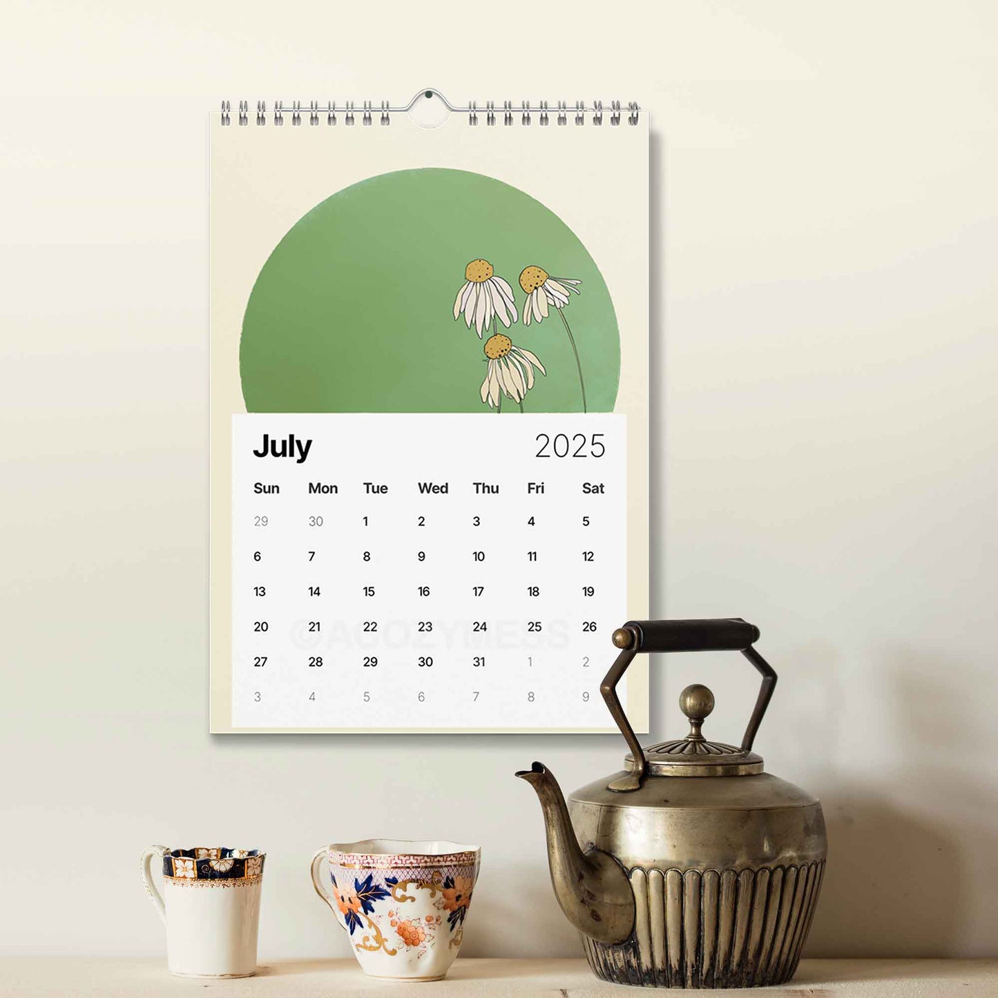 2025 monthly calendar with floral illustration.