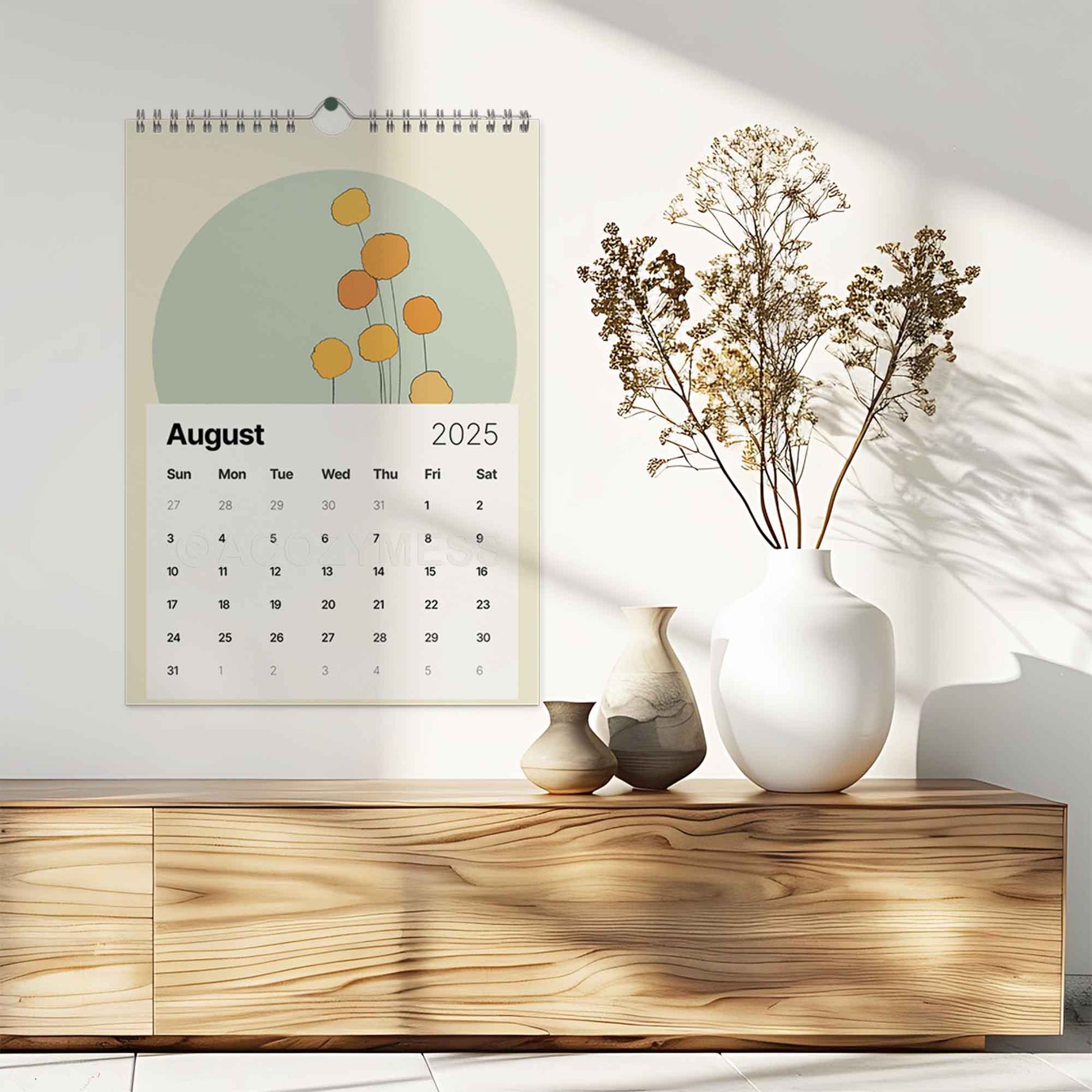 2025 monthly calendar with floral illustration.