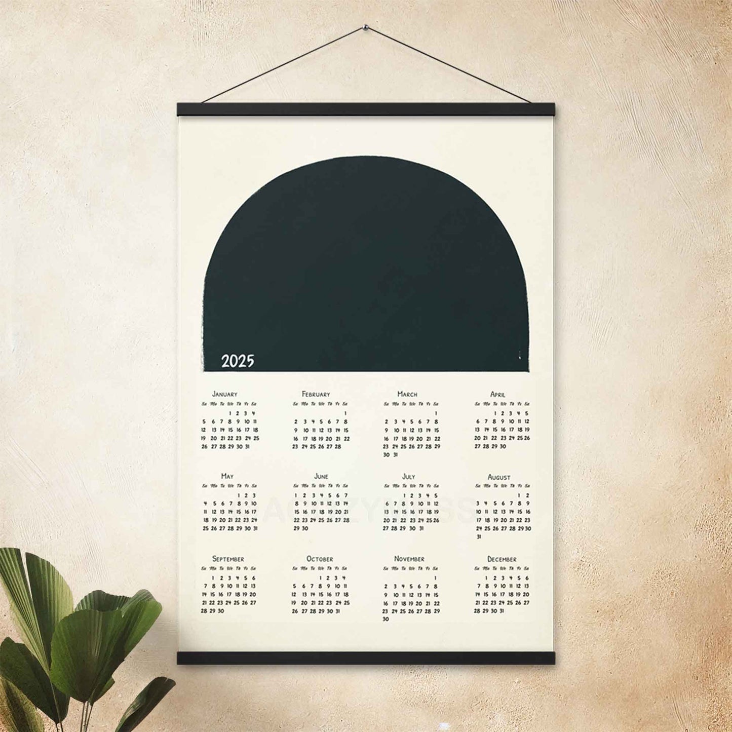 2025 yearly calendar poster with minimalist design,  with black hanger, perfect for modern home or office decor.