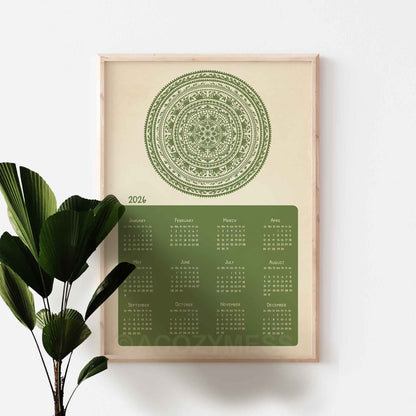  green calendar with mandala design on a beige background
