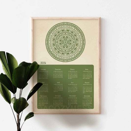  green calendar with mandala design on a beige background
