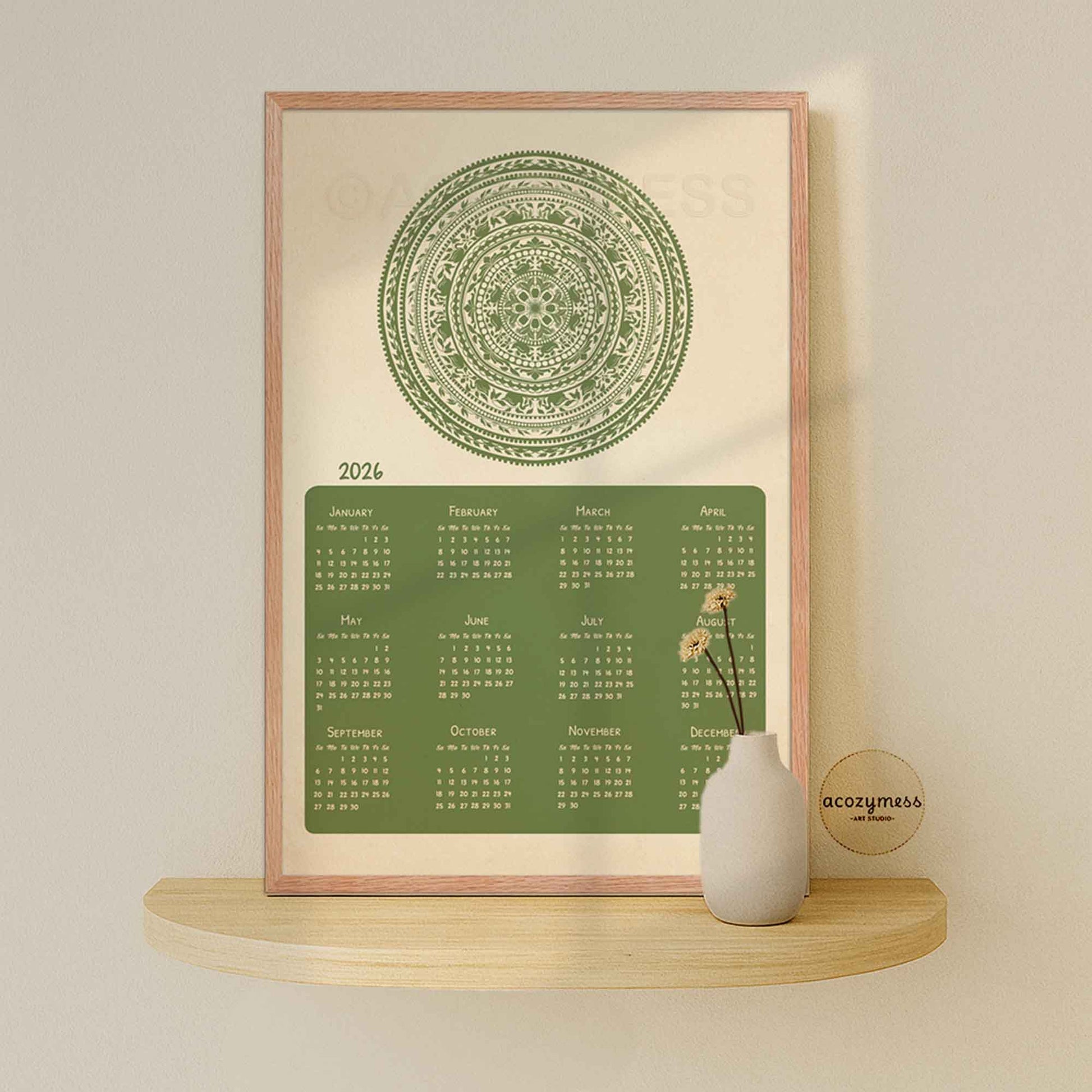 green mandala 2026 yearly calendar on a shelf 