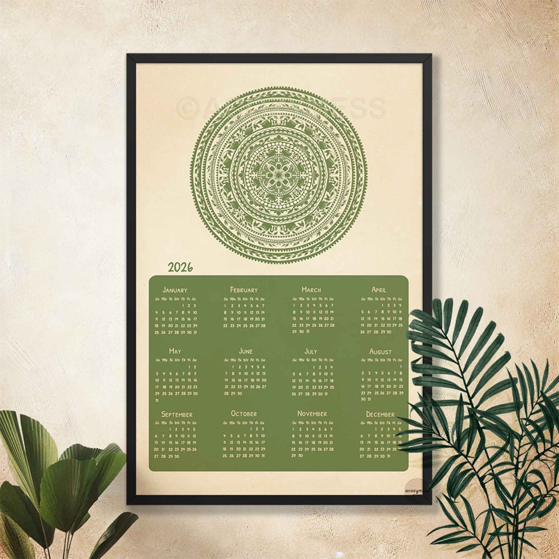 green mandala calendar 2026 on a beige background