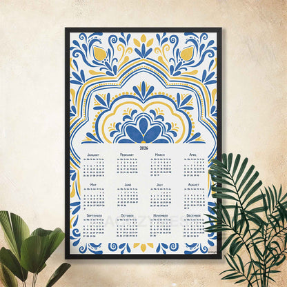 Decorative calendar with blue and yellow patterns in a black frame