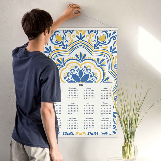 2026 calendar in blue , yellow and white