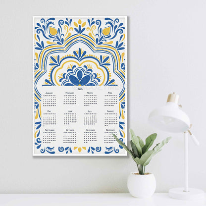 One page 2026 calendar with blue and yellow patterns in a white frame.