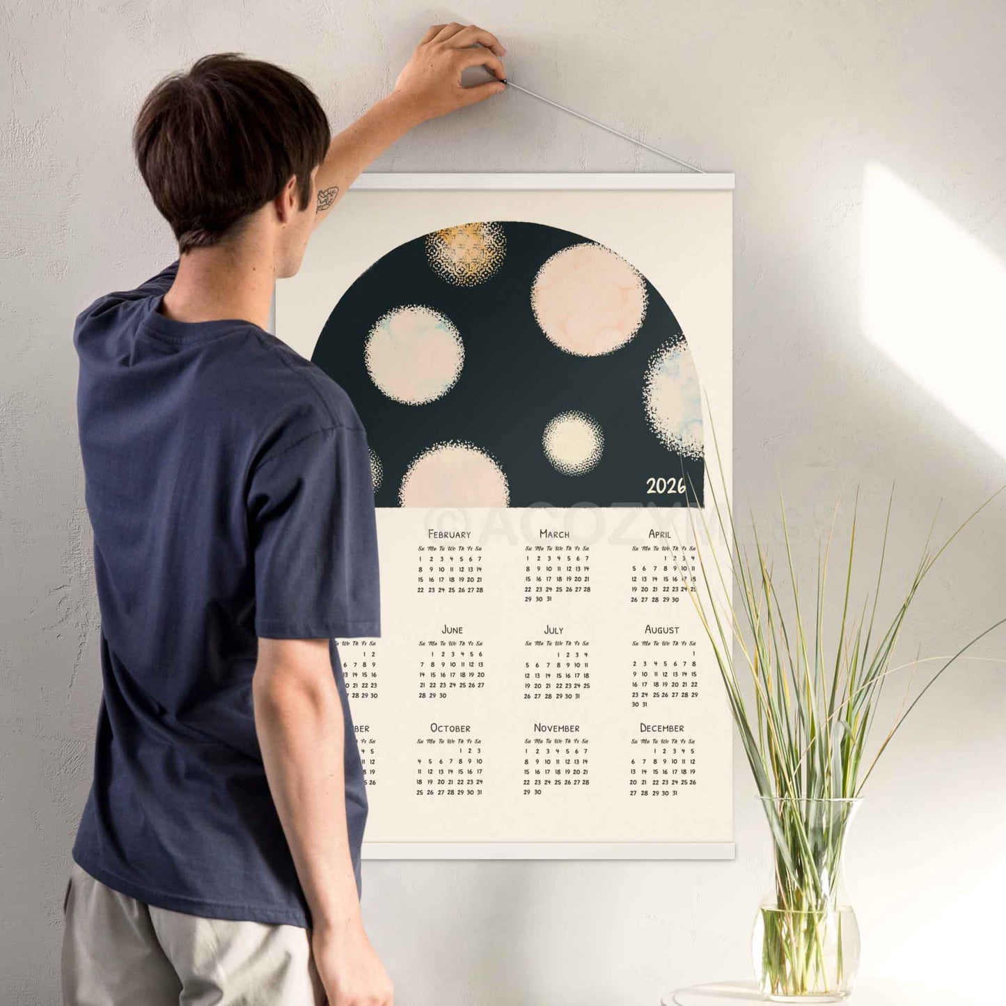 2026 Wall calendar with blacjk and beige abstract design with little use of pastel colors