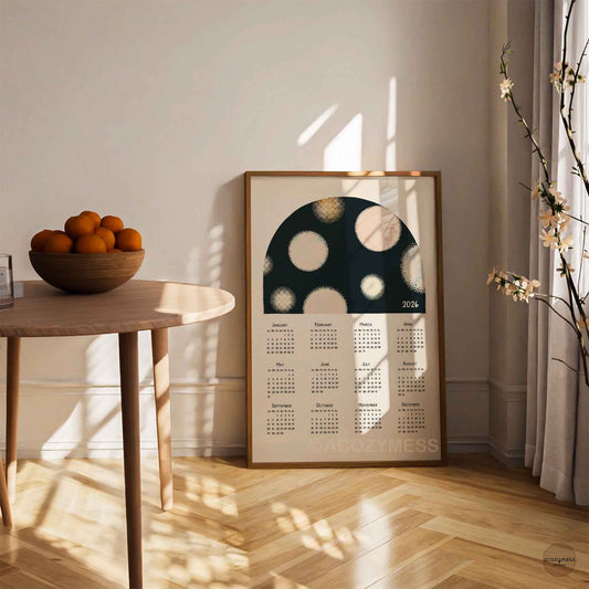 Framed calendar with abstract design displayed in a dining room