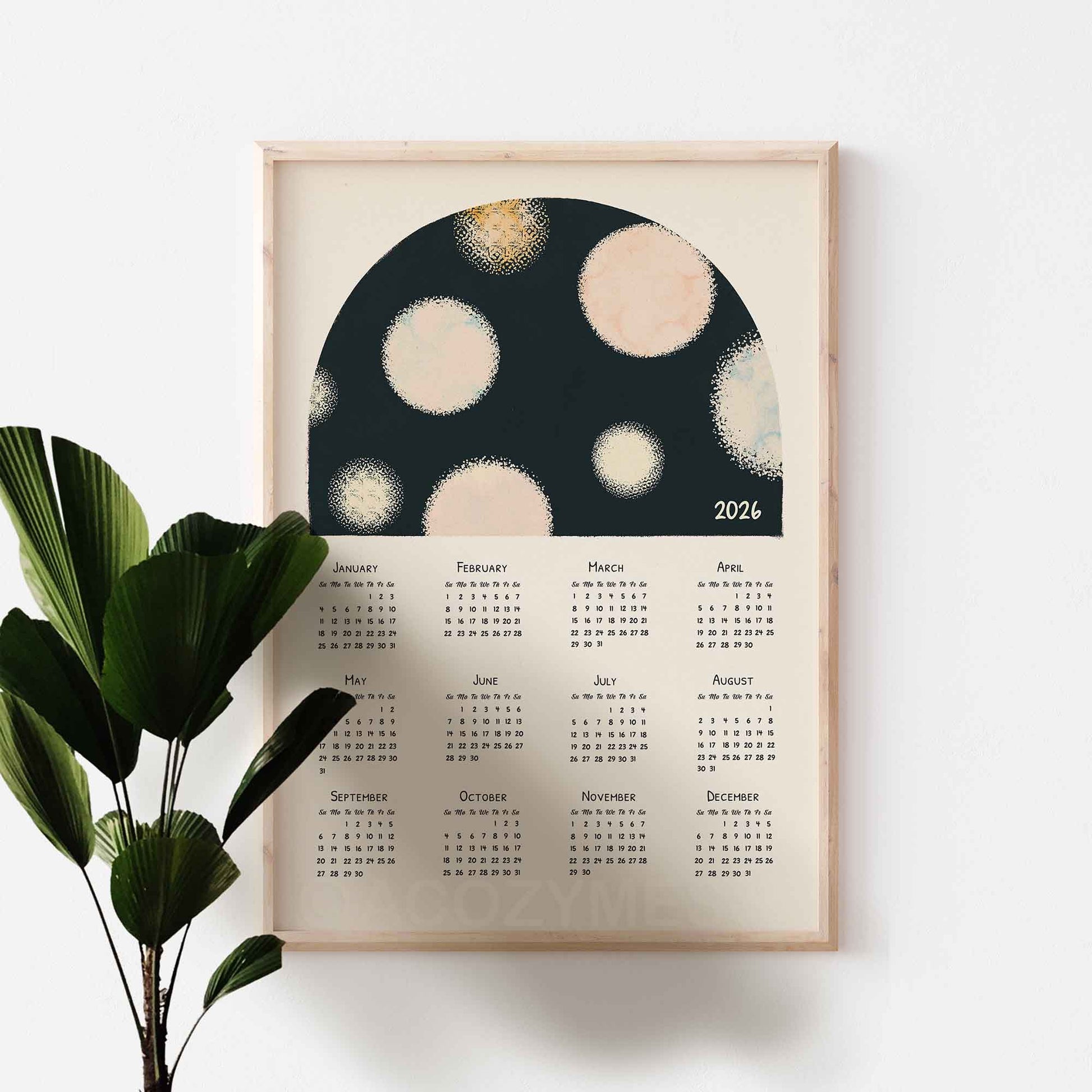 Framed calendar with abstract design