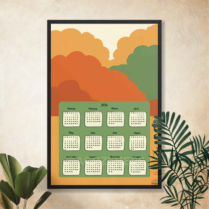 Framed calendar with colorful abstract design.
