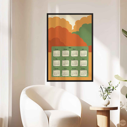 Framed calendar with colorful design.