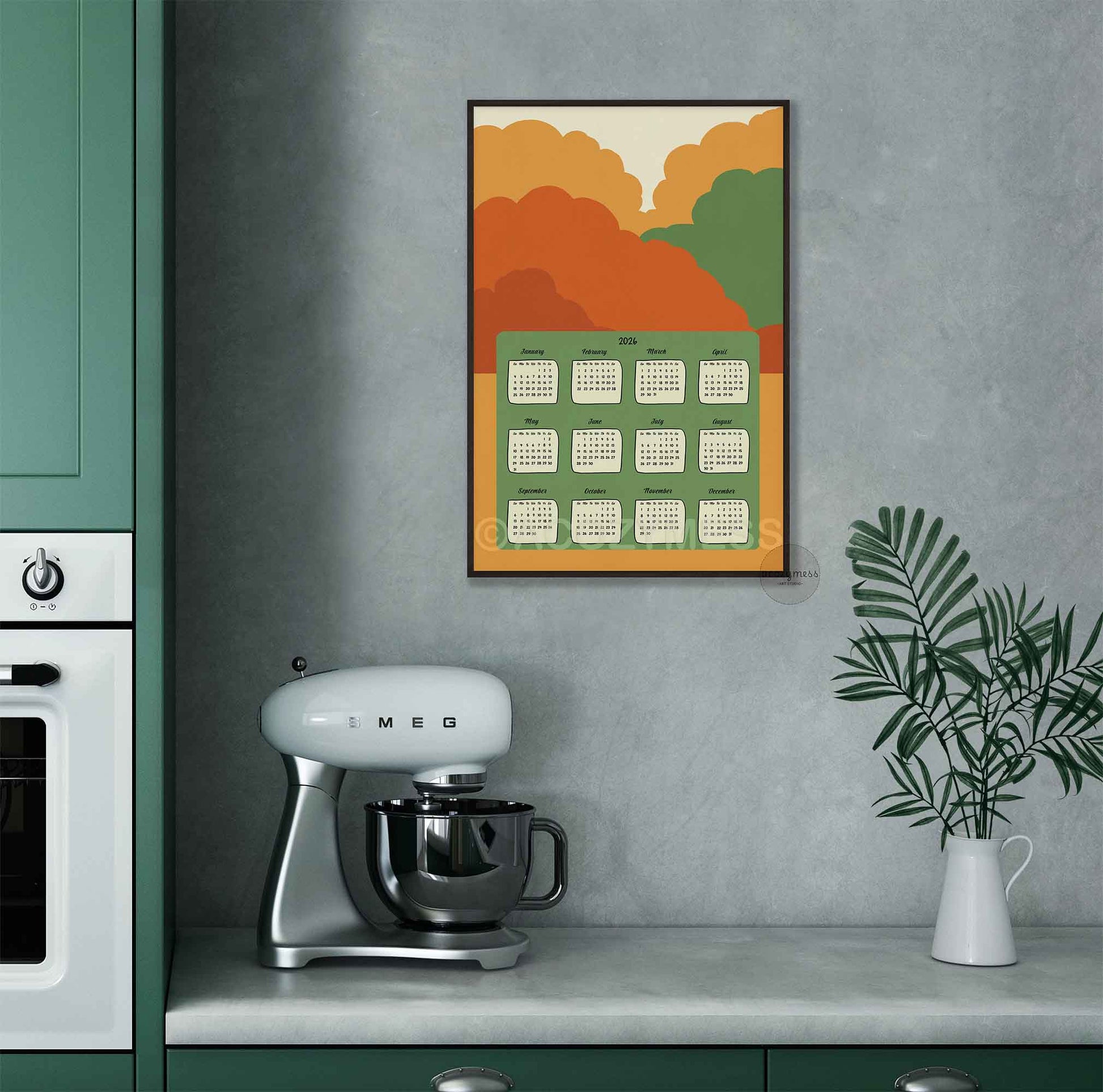 2026 yearly calendar colorful art poster hanging on a kitchen wall.