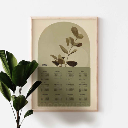 One page calendar 2026 with nature inspired art in green and beige