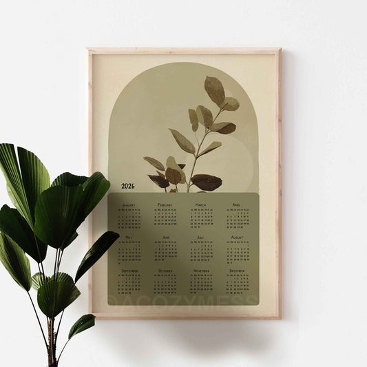 One page calendar 2026 with nature inspired art in green and beige