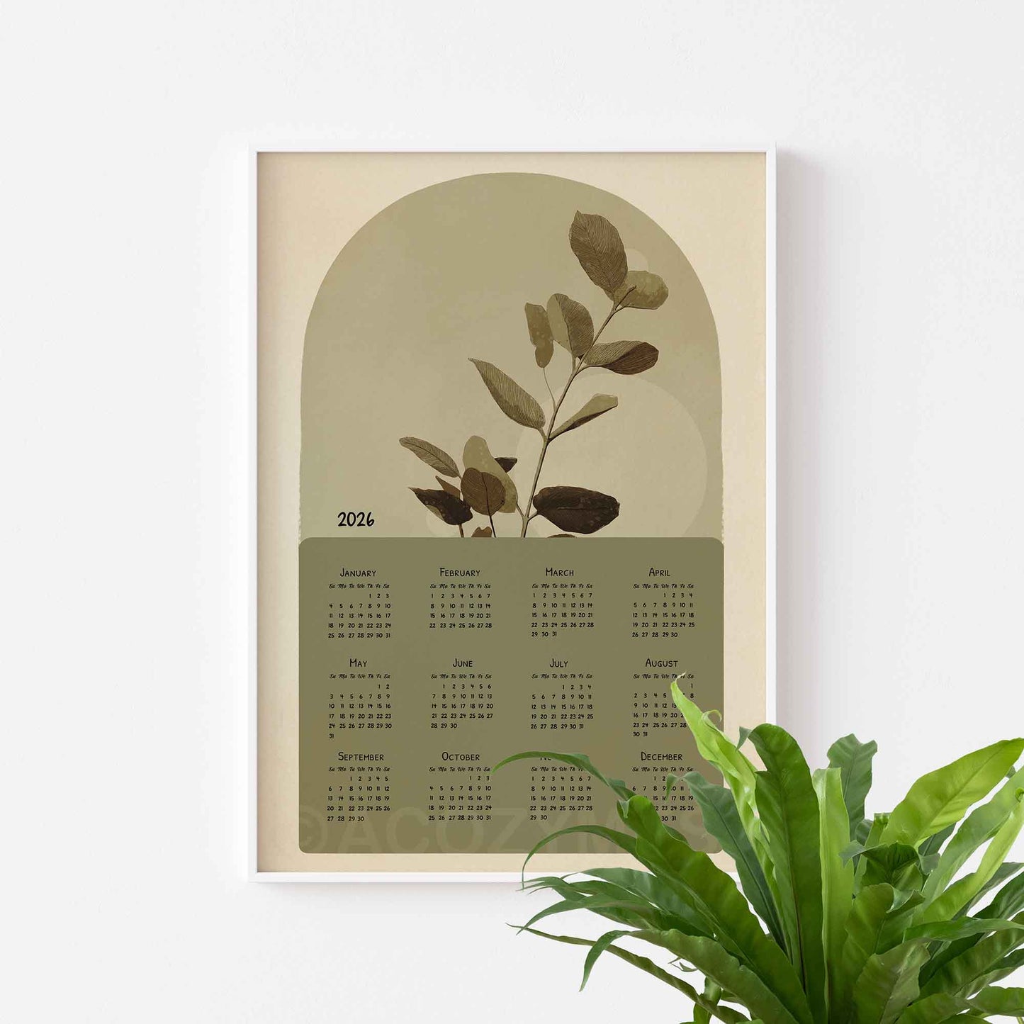 One page calendar 2026 with nature inspired art in green and beige displayed in white frame for clean and fresh decor