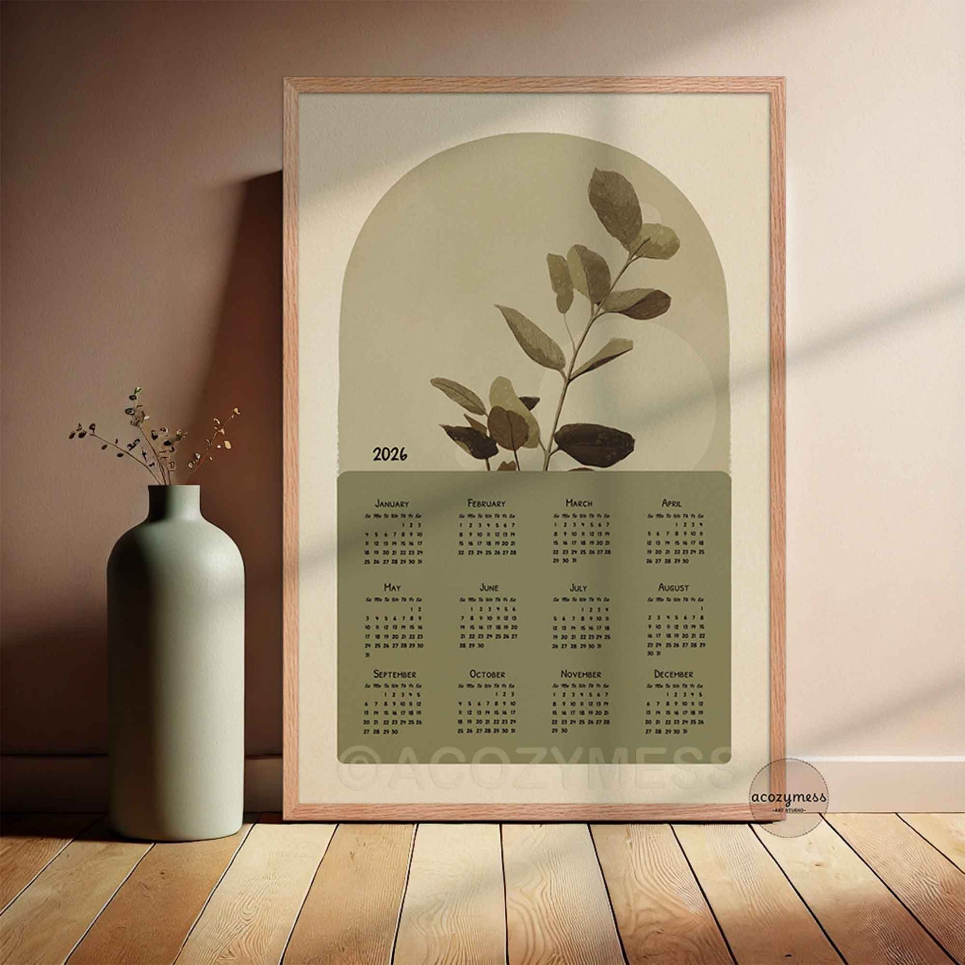 single page calendar 2026 with nature inspired art in green and beige