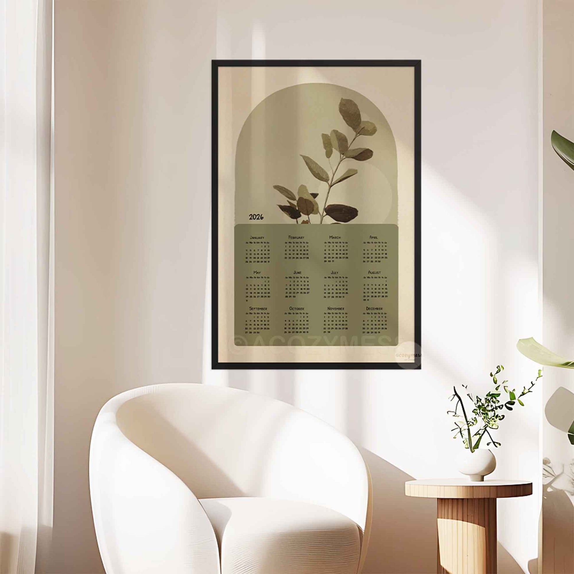 Green and beige 2026 calendar poster with leaf art.